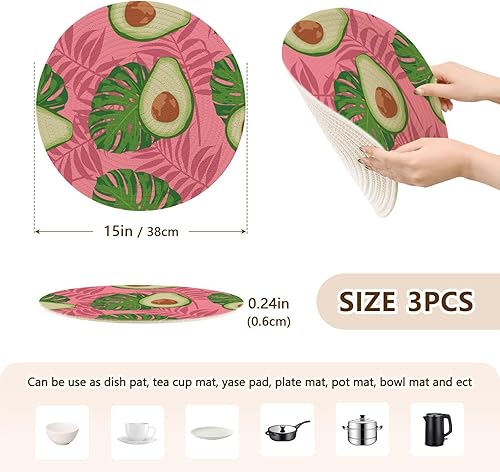Miniatura 2 de 3 Pcs Nonslip Trivet Seamless Exotic Avocado Tropical Fruit Slices for Hot Pots and Pans 15in Cotton Thread Weave Heat Resistant Hotpads for Bowl