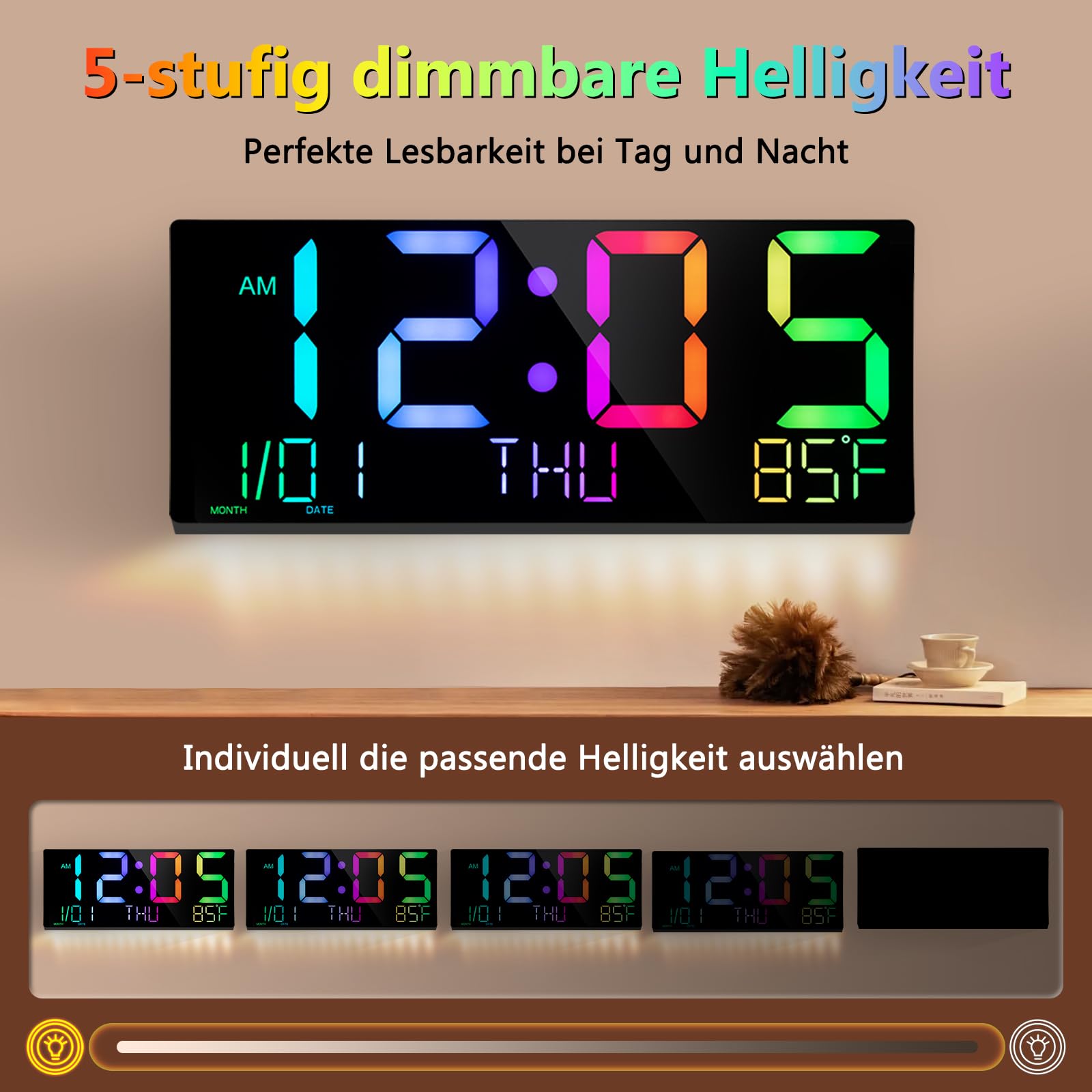 HUO JI Horloge murale numérique LED de 40,6 cm avec grands chiffres