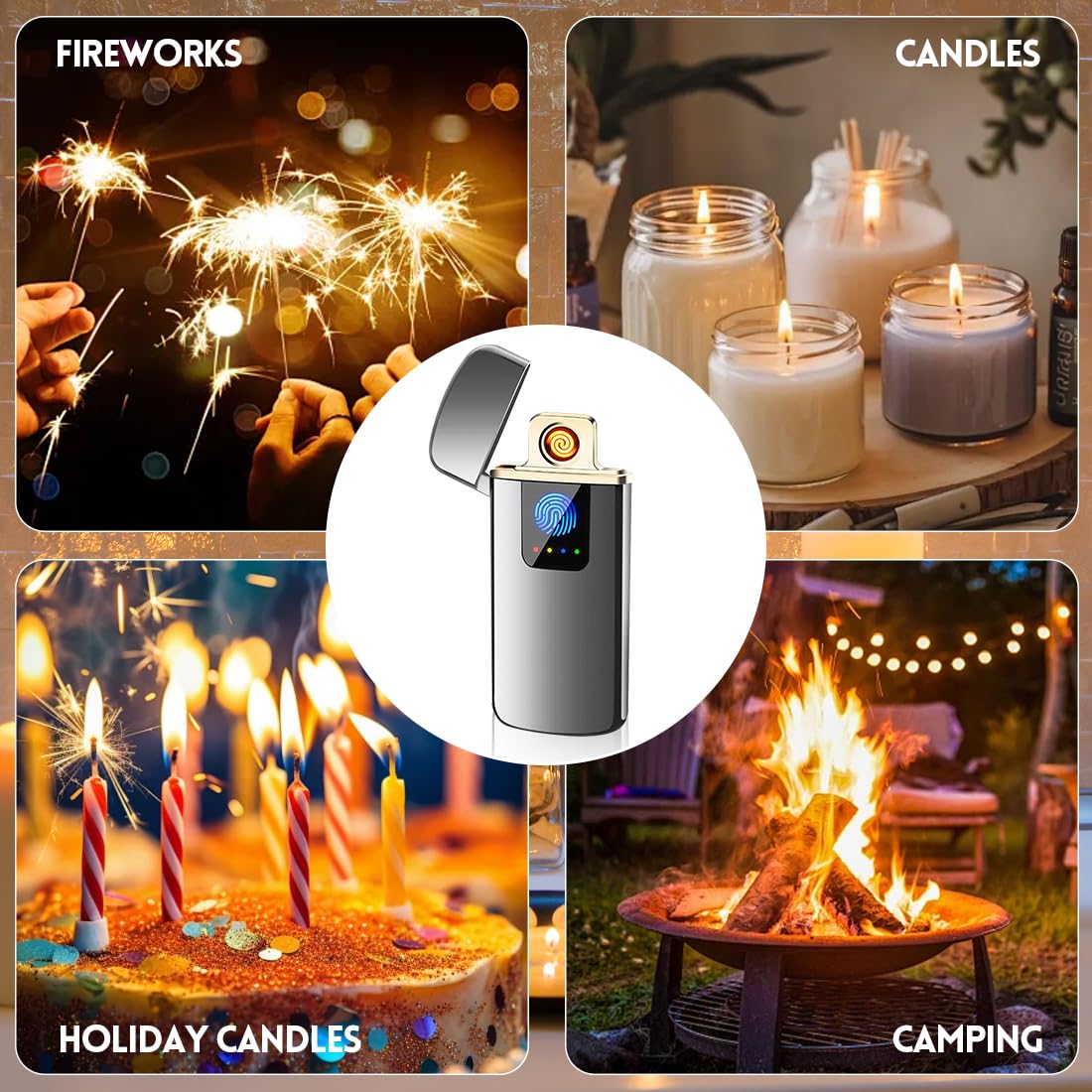 LOMUG Briquet Electrique Rechargeable USB Double Arc Coupe-Vent Indicateur de Puissance Contrôle Tactile pour Bougie Barbecue Camping Cadeau Homme