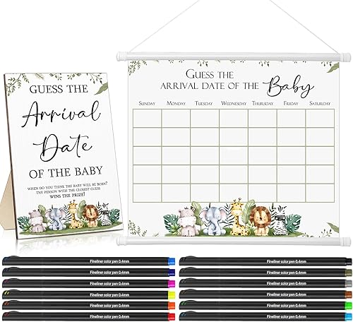 Sintuff El calendario de fecha de vencimiento del bebé Guess incluye 1 letrero de madera de Guess The Arrival Date of The Baby Shower, 1 calendario
