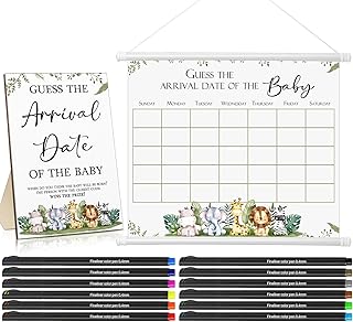 Sintuff Guess Baby Due Date Calendar Include 1 Pcs Guess The Arrival Date of The Baby Shower Wooden Sign 1 Prediction Calendar 12 Fineliner Colored Pens Game Party Favor(Safari)
