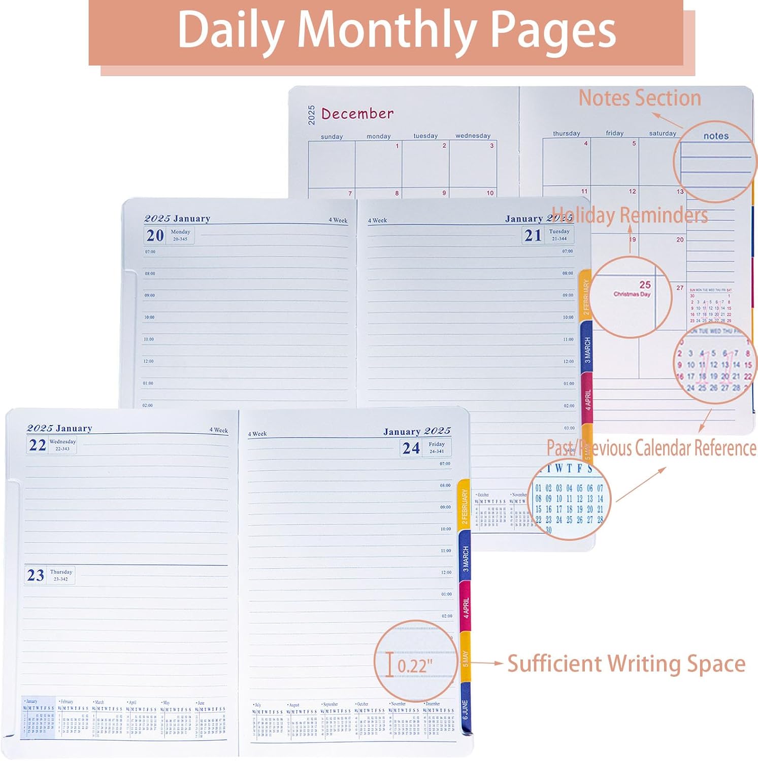 2025 Daily Monthly Planner - Calendar, January - December 2025, 100GSM Thick Paper, Leather Cover, Planner with Hourly Schedule,6.1" x 8.2", Daily Inside Page - Monthly Inside Page, Pen Holder, Bookmarks (Pink-A)