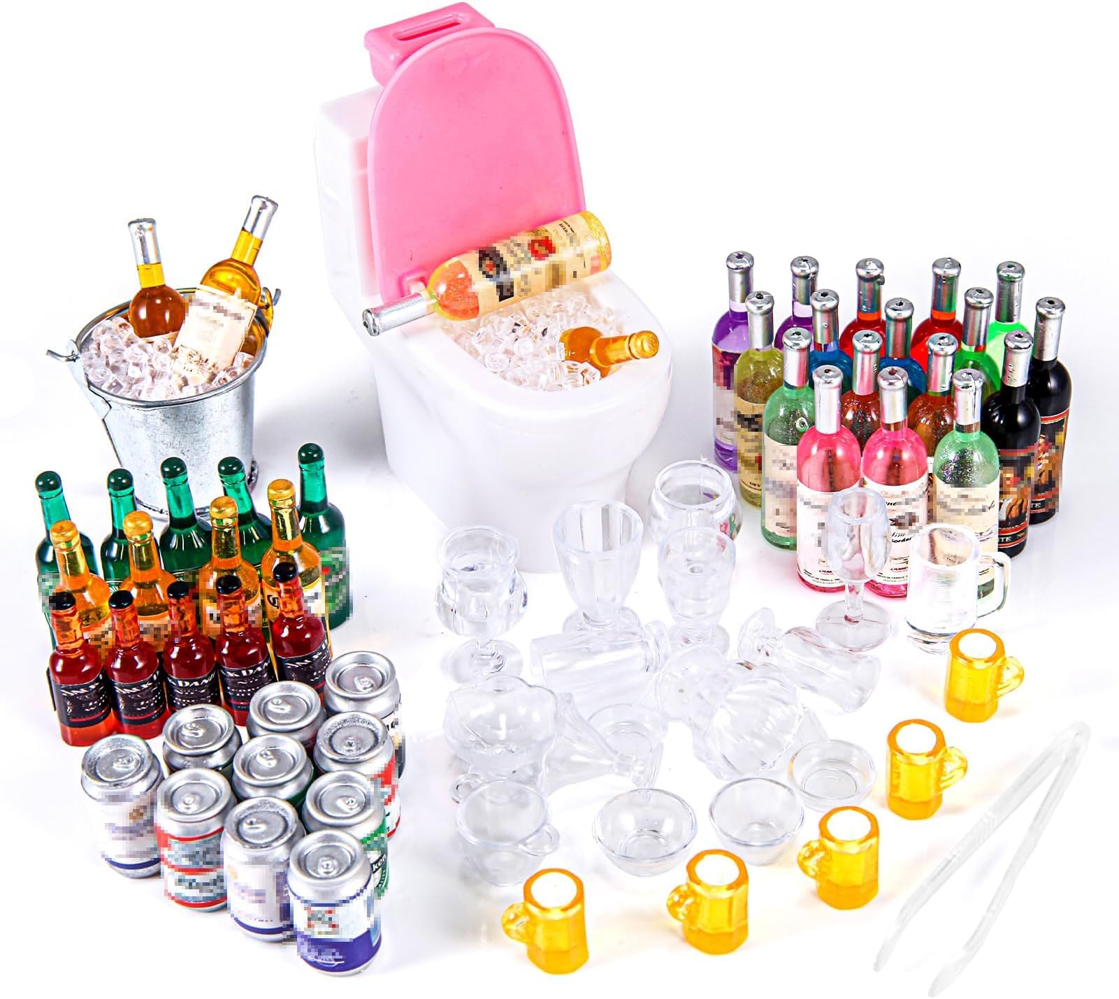 HSJH 71 Pcs Miniature Ice Cubes Beer Bottles and Mini Drink Soda Pop Cans House Accessories for Fairy Garden Pub Bar Cake Decoration 1/12 Doll House Barrel Pretend Play DIY Party Toys Red Wine