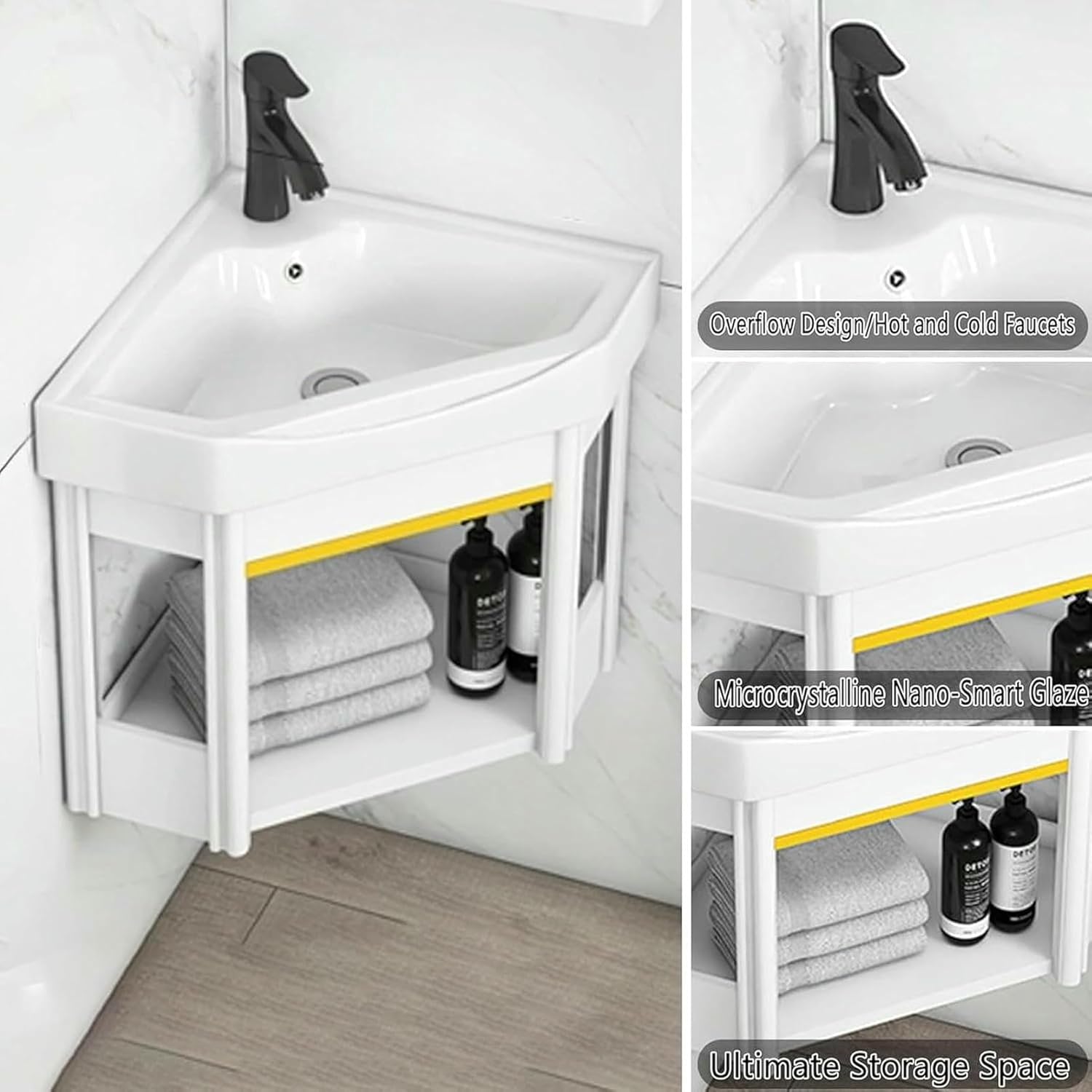 Corner Wall Mount Bathroom Sink, Small Corner Bathroom Vanity, Ceramic Wash with Storage And Overflow, Triangular Wall Hung Ceramic Wash B, for Toilet Cloakroom(48cm/18.9in)