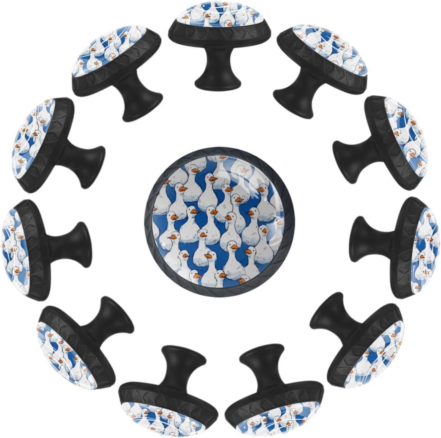 Black Cartoon Funny White Goose Pattern Blue (3) Glass Furniture Knobs, Practical Drawer Pulls with Long & Short Mounting Screws