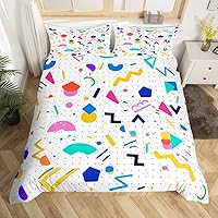 Vista 23 de Memphis - Juego de funda de edredón – Ropa de cama vintage amarillo púrpura con patrón de estilo retro, formas geométricas, ilustraciones