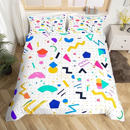 Miniatura 23 de Memphis - Juego de funda de edredón – Ropa de cama vintage amarillo púrpura con patrón de estilo retro, formas geométricas, ilustraciones