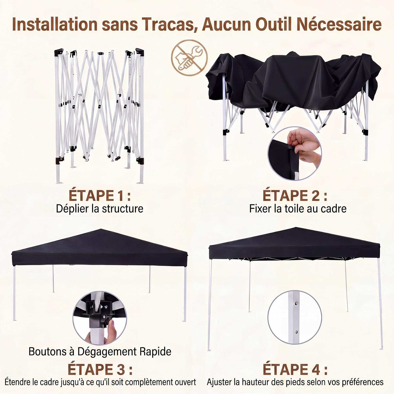 RELAX4LIFE Tonnelle Pliante 3x3 Imperméable, Barnum Pliant Facile à Monter, Protection Solaire UPF50+, Tissu Oxford Argenté, Cadre Métallque, Sac Inclus, Gazebo 3x3 pour Terrasse Marché Camping (Noir)