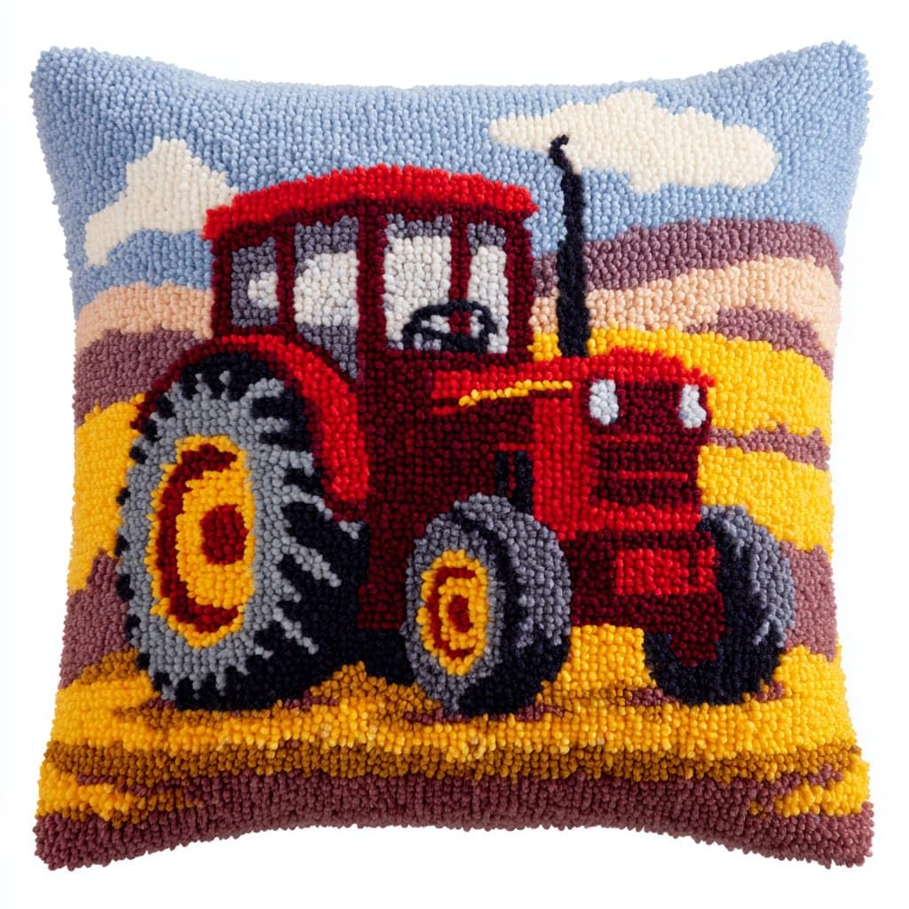 Taxpy DIY Latch Hook Cushion Kits, Cartoon Tractor Needlework Embroidery Set Crochet Needlework Crafts with Latch Hook Tool 43x43cm