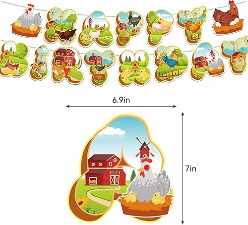 Miniatura 2 de Juego de decoraciones de fiesta de cumpleaños de pollo pancarta, telón de fondo, espirales, adornos para cupcakes de pasteles, globos para baby