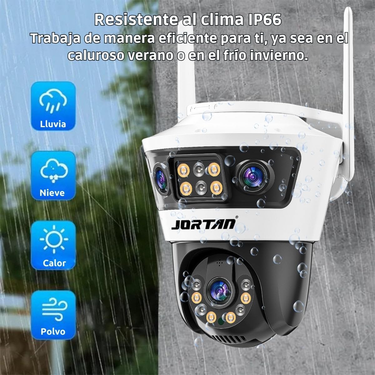 JORTAN 6 Smart Security Camera showing IP66 weather resistance against rain, snow, heat, and dust