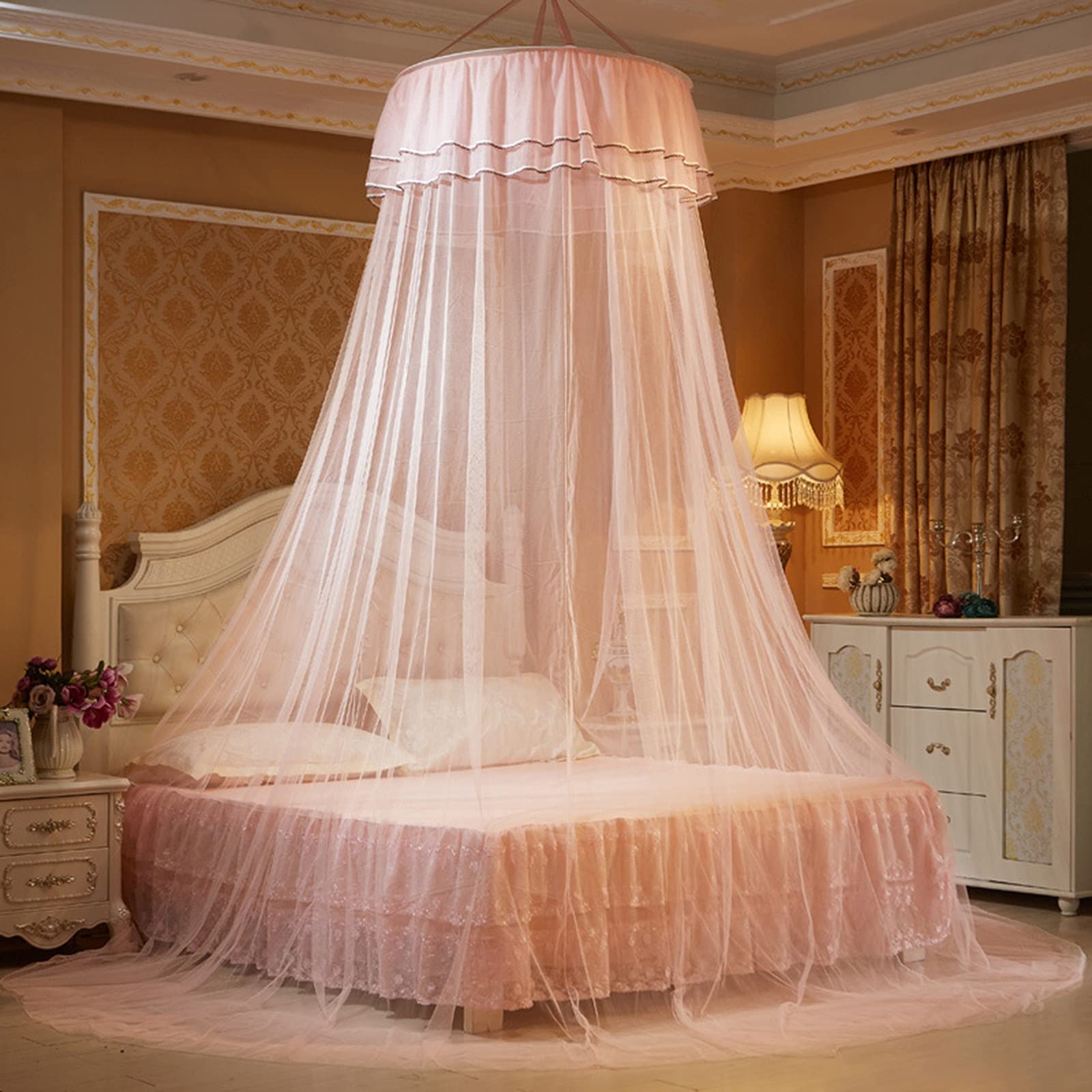 Moustiquaire de luxe pour lit à dôme suspendu avec fleur en dentelle rose