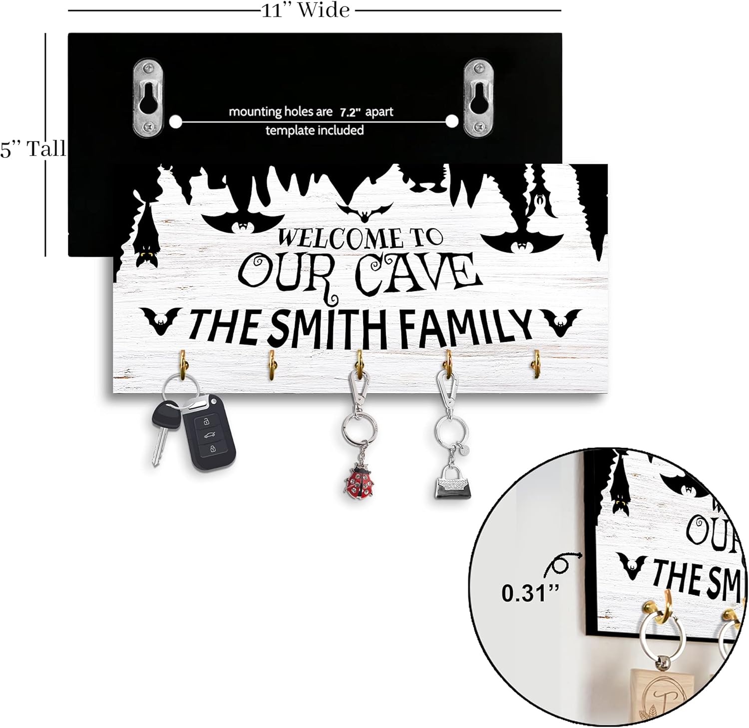 MeMate Personalized Wood Wall Mount Key Holder for Halloween Home Decor - Customized Names with Cave and Bats Wooden Key Ring Hook Hanger for Housewarming Entry Hallway Organizer