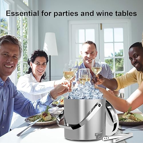 Miniatura 8 de Cubo de hielo aislado de acero inoxidable de doble pared (3.7 cuartos de galón), con colador de tapa y pinzas, ideal para cócteles y fiestas..