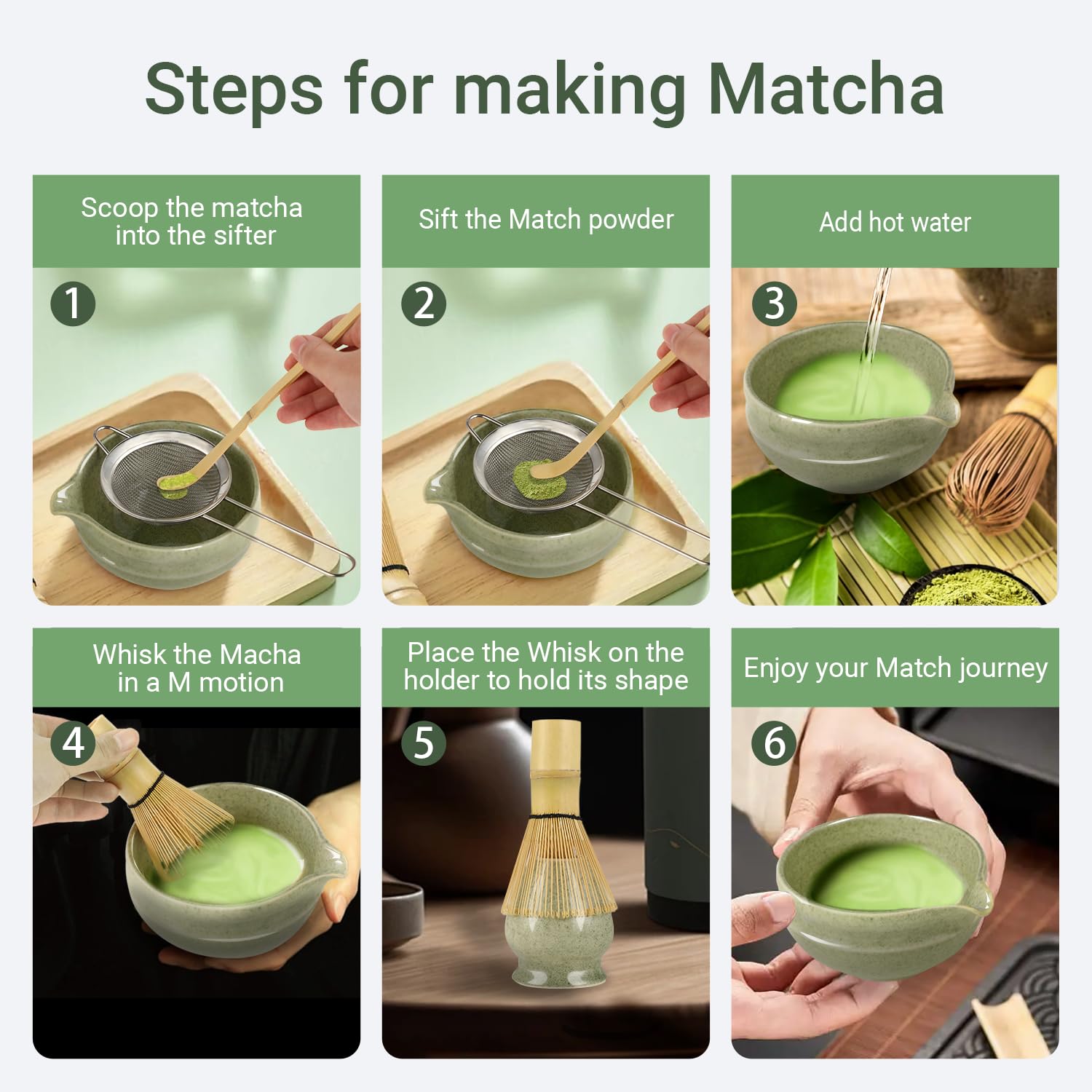 Kit Matcha, Set Tè Matcha 7 Pezzi, Frusta Matcha, Setaccio da Matcha, Ciotola Matcha, Supporto Chasen e Cucchiaio Matcha, Kit Matcha ideale per la Preparazione del Tè Matcha