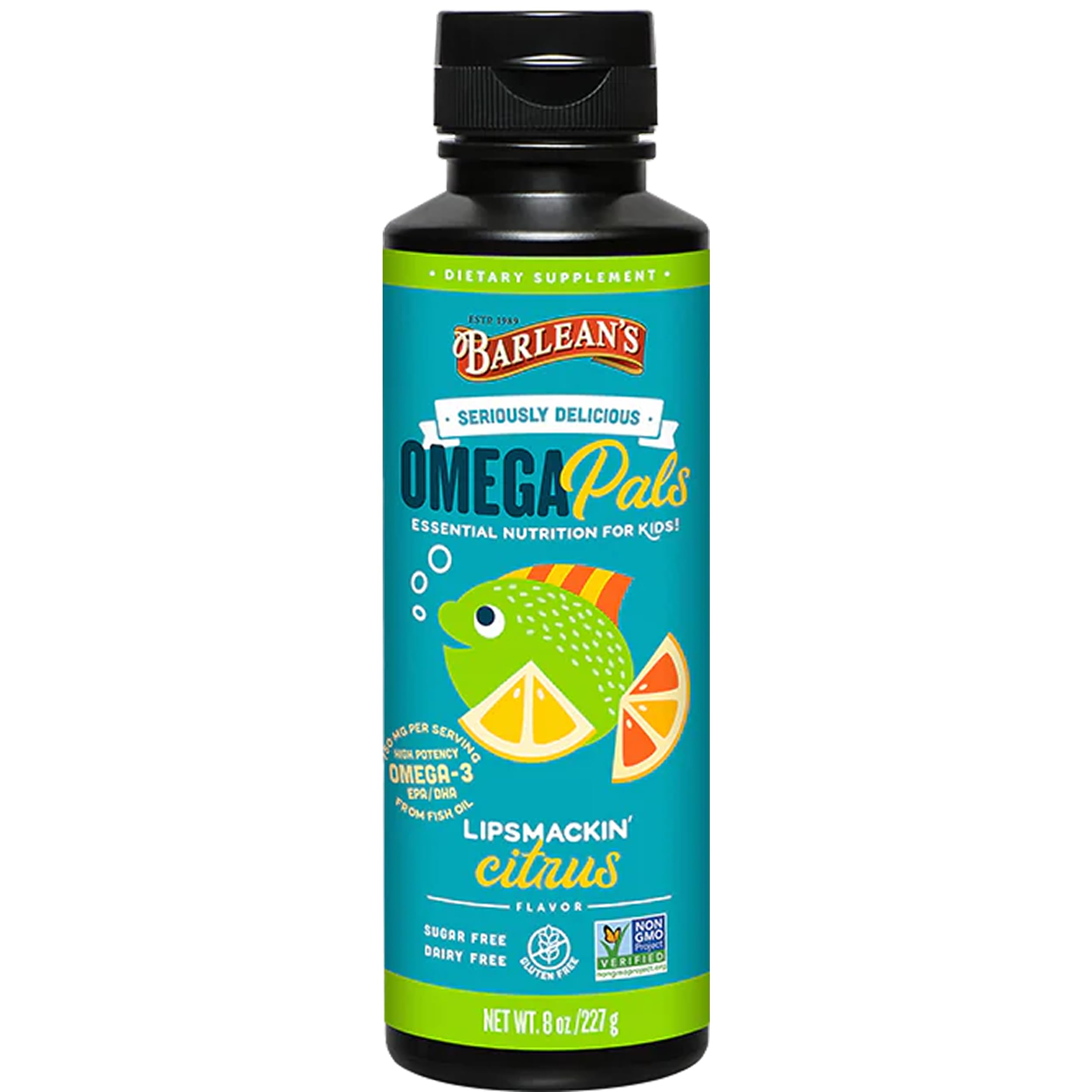 Barlean's Omega Pals Lipsmackin' Citrus Flavored Omega-3 for Kids, Yummy Children's Liquid Fish Oil Supplement with 750 mg of EPA & DHA for Brain & Eye Health, 8 oz Lipsmackin' Citrus 8 Fl Oz (Pack of 1)