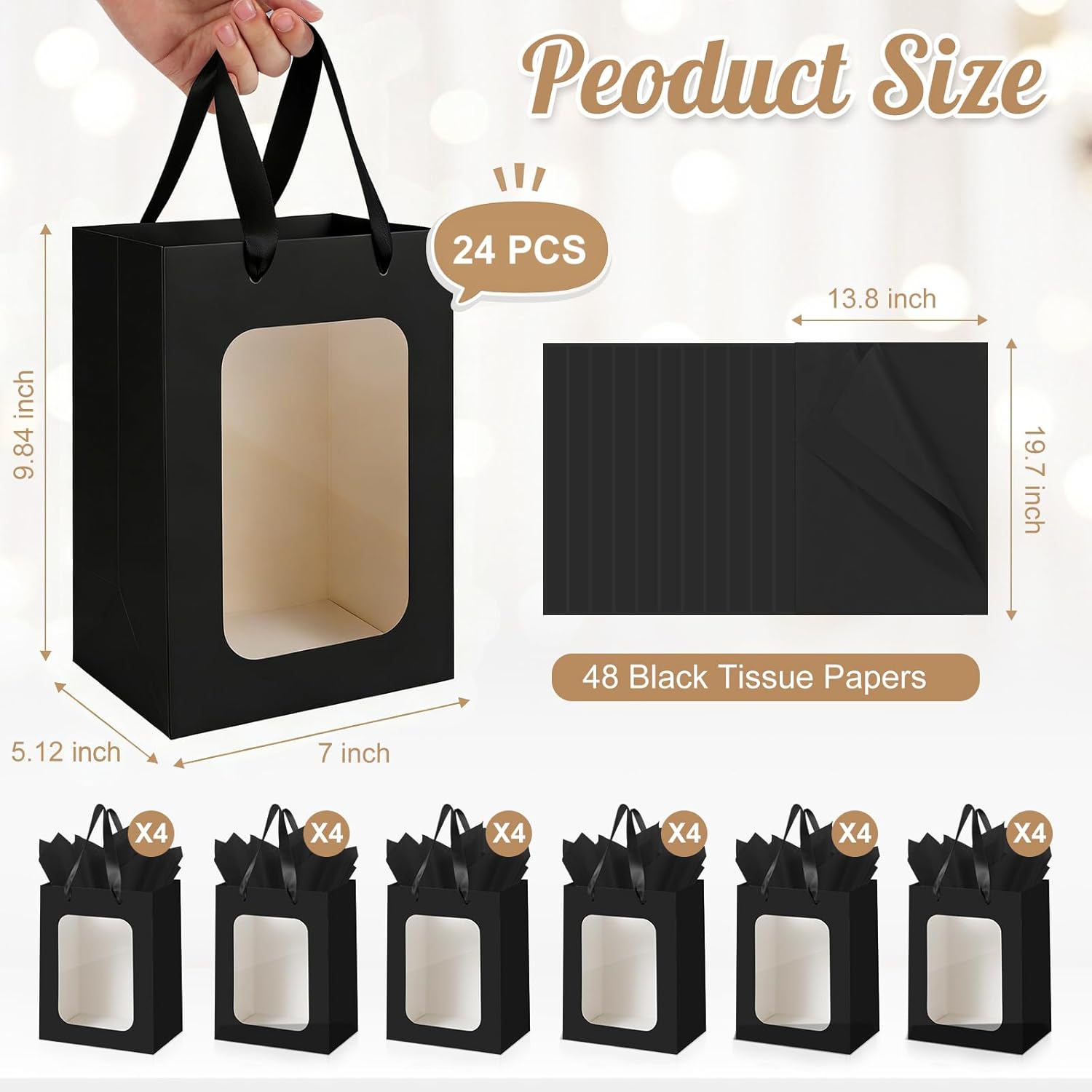 Ethhqu 24-Pack Black Kraft Gift Bags with Clear Window and Handles, Includes Tissue Paper, 9.8x7x5.1 Inches for Birthday Party, Baby Showers, Weddings,Valentine's Day, Easter (Black Gift Bags with Window, 24Pcs)