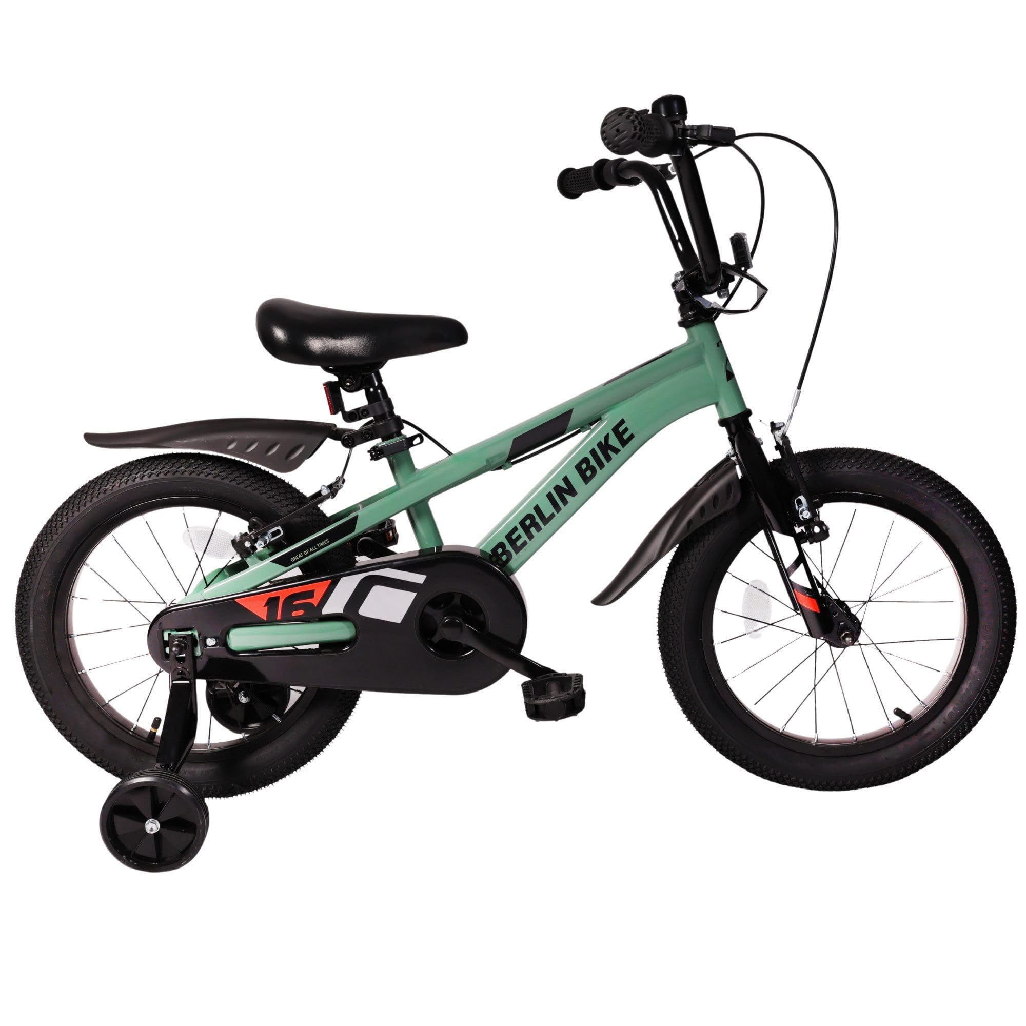 Kinderfahrrad 16 Zoll mit Stützrädern, V Brake Bremsen und Klingel, Kinder Fahrrad für Jungen und Mädchen 4 bis 7 Jahre, mit Schutzblech vorne und hinten