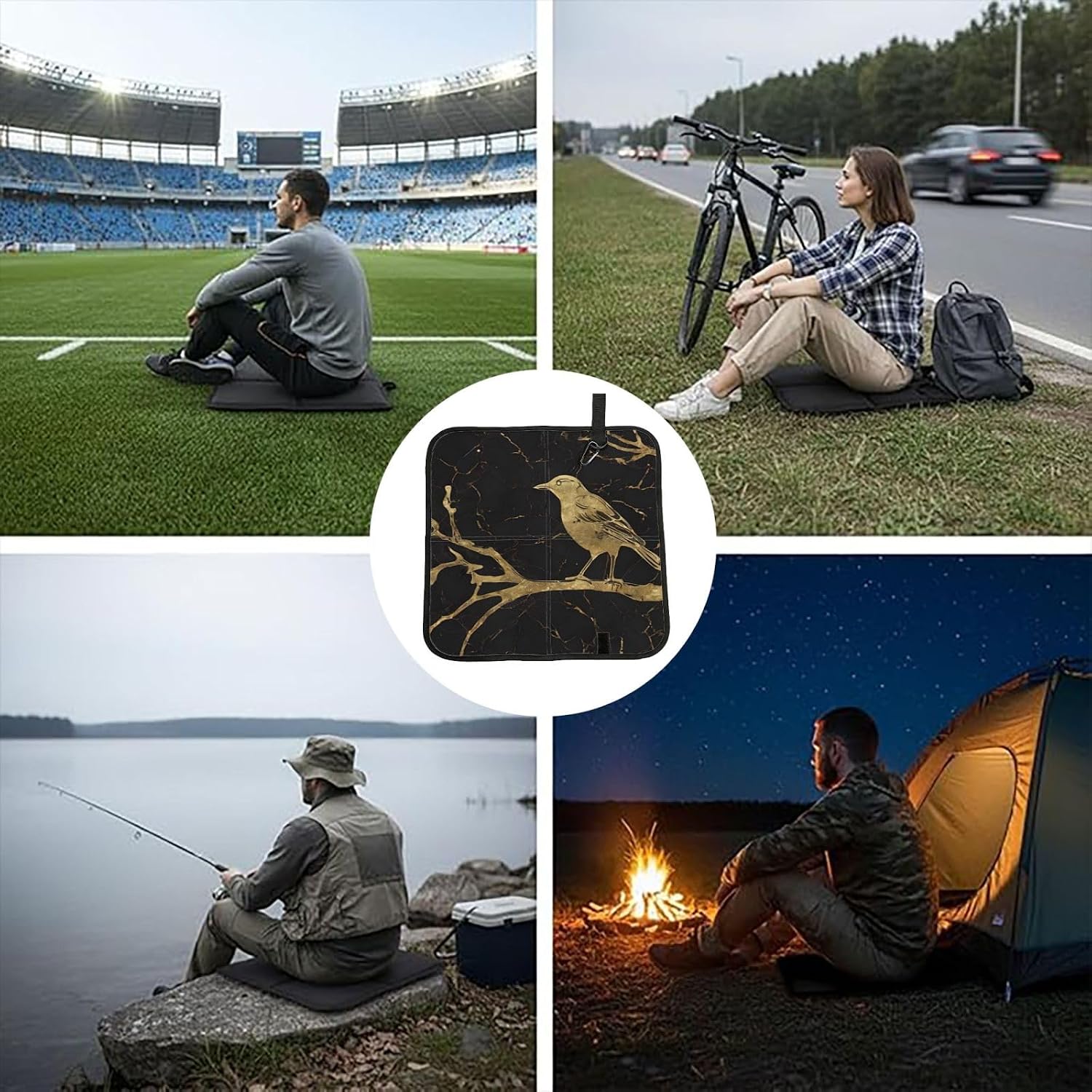 (Black and Gold Marble Bird) Sitting Pad Foldable Seat Cushion Lightweight Camping Seat Mat with Hook for Outdoor Hiking Picnic Camping