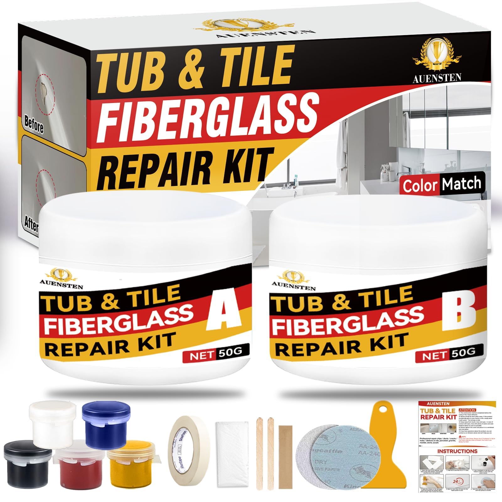 Bath Tub Repair Kit, Fiberglass Tile and Shower Repair Kit Porcelain Repair Kit, Bathtub Repair Kit Repair Chips Dents Cracks Scratches from Ceramic, Marble, Quartz, Resin, Acrylic