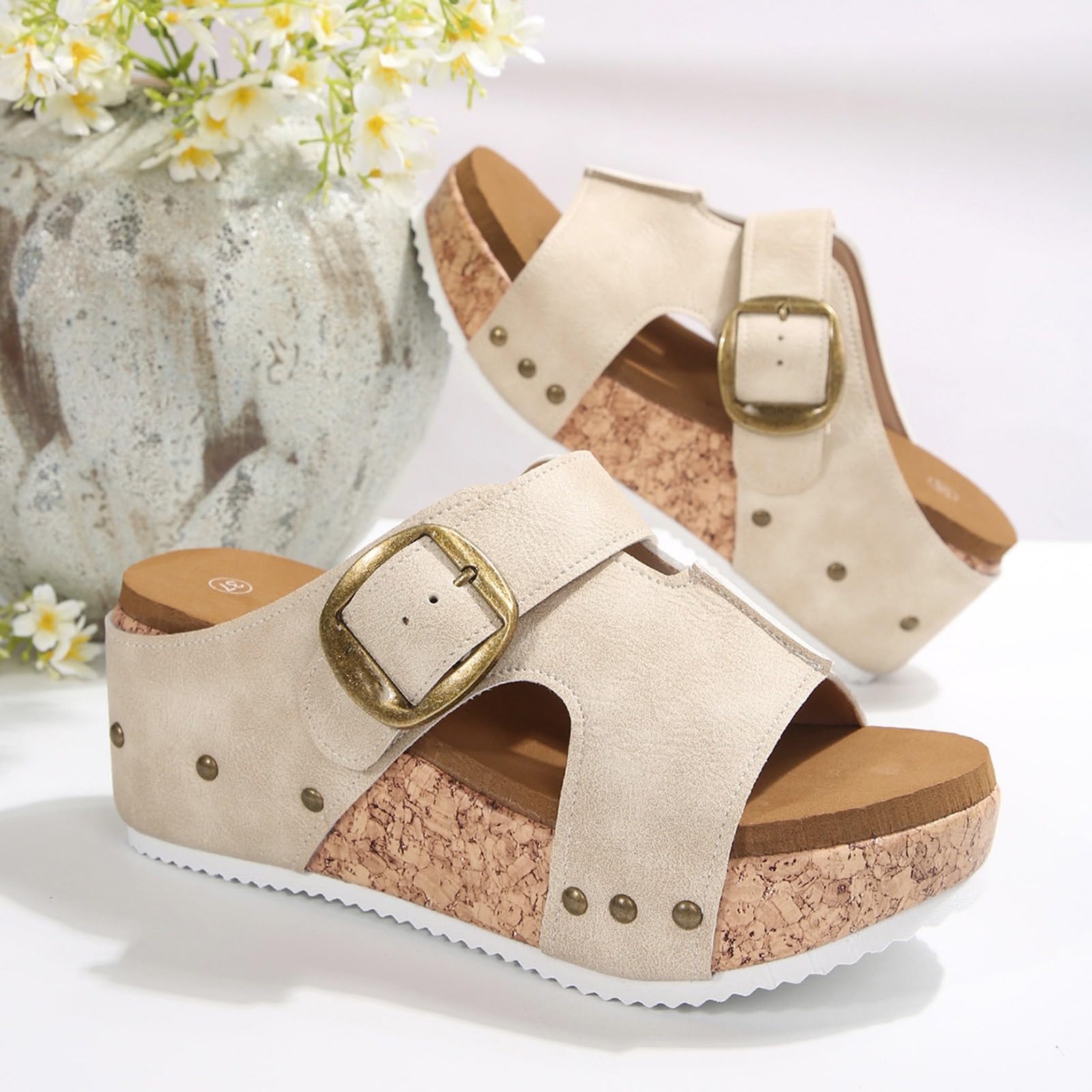 Genérico Chanclas de Cuña para Mujer con Hebilla y Gruesa de Tamaño, Nuevas Sandalias de Playa con Punta Abierta y Hebilla