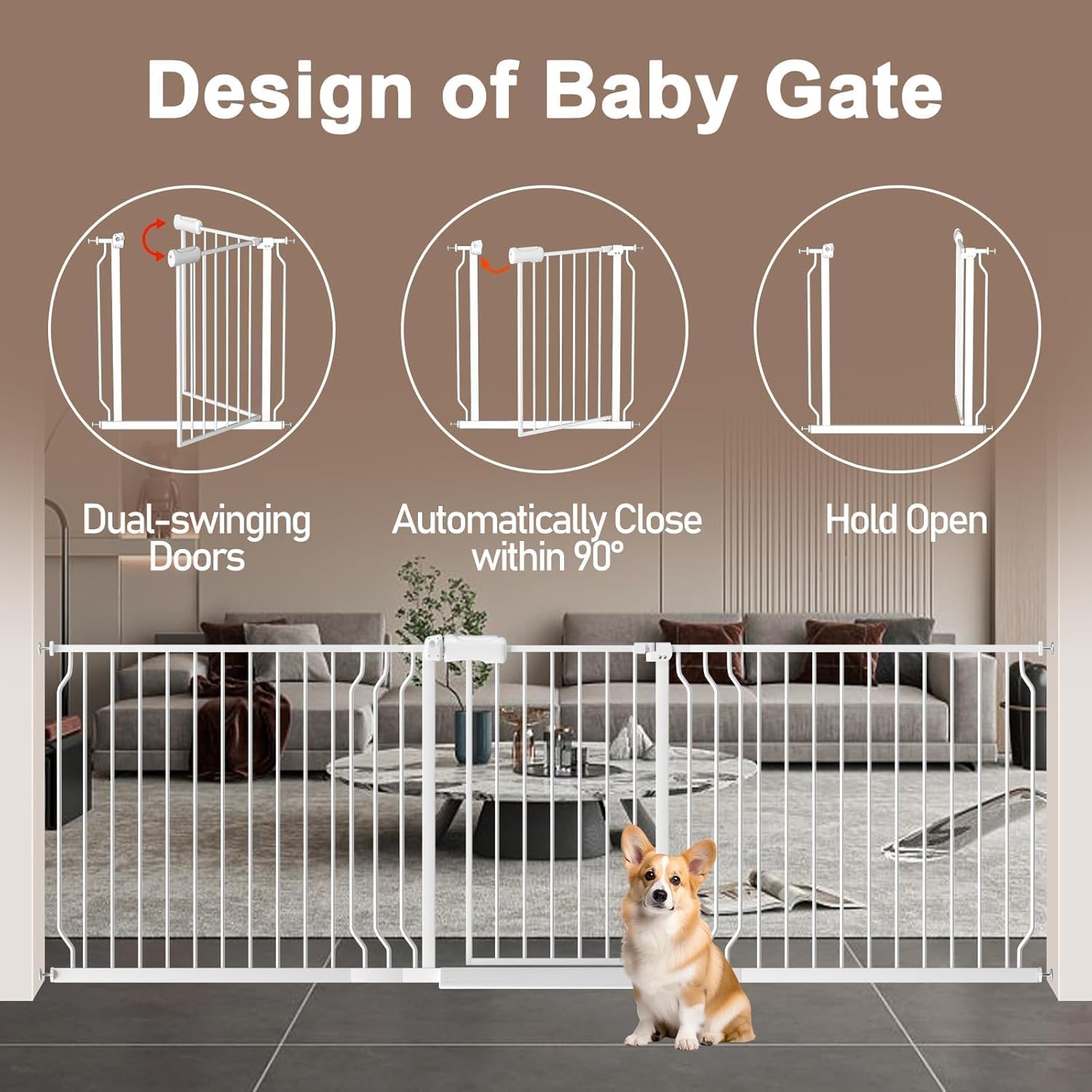 WAOWAO 71.65-85.03 Baby Gate Extra Wide Pressure Mounted Walk Through Swing Auto Close Safety Metal White Toddler Kids Child Dog Pet Puppy for Stairs,Doorways,Kitchen