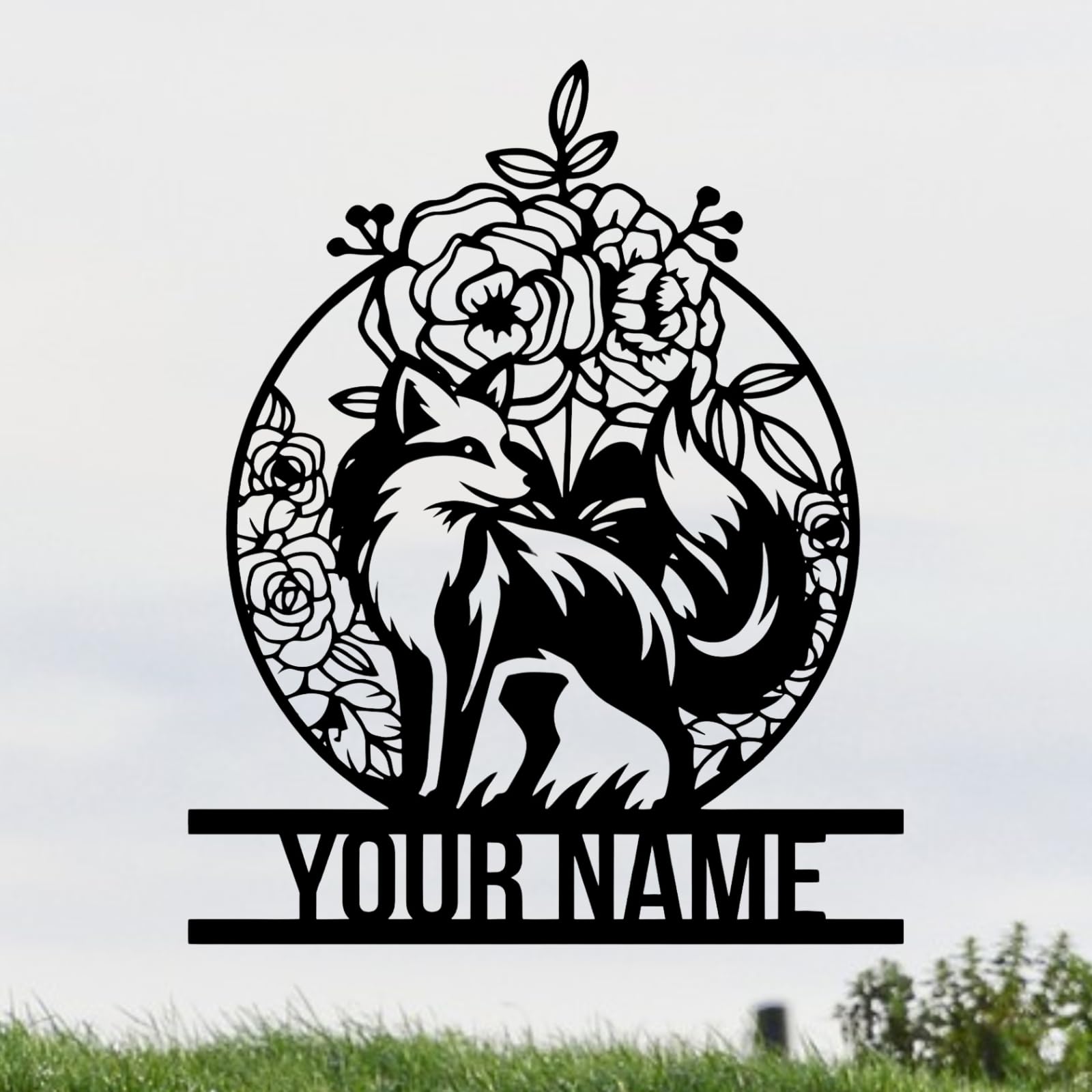 Houdoum Style D Custom Name Fox Metal Wall Art, Personalized Metal Fox Wall Hanging Home Decor, Fox Wall Decoration, Outdoor Wall Decoration,Fox Office Decoration, Fox Lovers (Style D)
