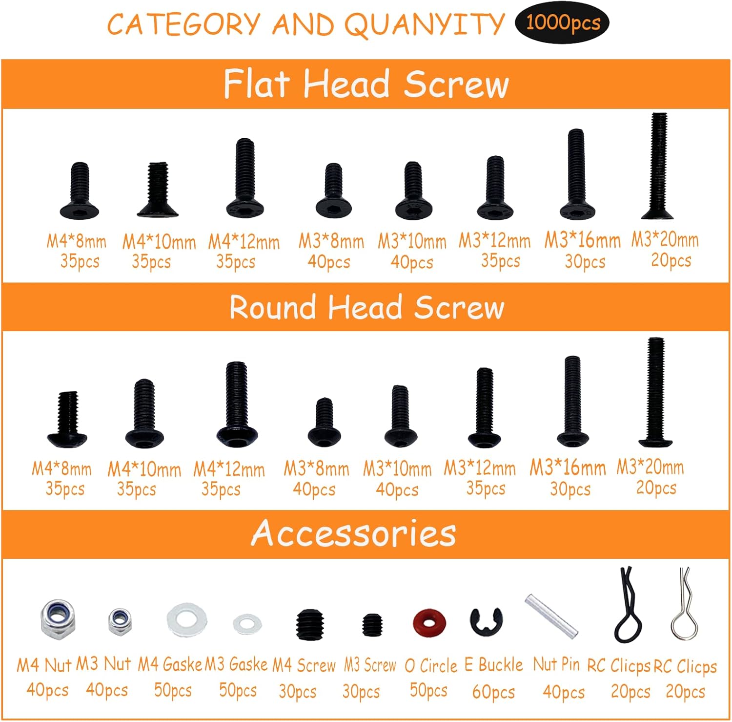1000pcs RC Screw Kit RC Car Tool Kit, Hardware Fasteners for Traxxas Arrma Redcat Axial RC4WD HSP HPI SCX10 Losi 1/8 1/10 1/12 1/16 RC Cars Trucks Crawler, RC Screws Accessories