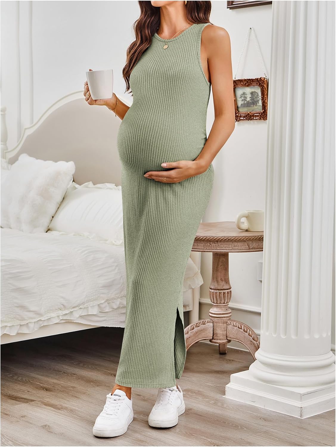 MakeMeChic Women's Maternity Dress Summer Crewneck Sleeveless Casual Bodycon Tank Maxi Dresses
