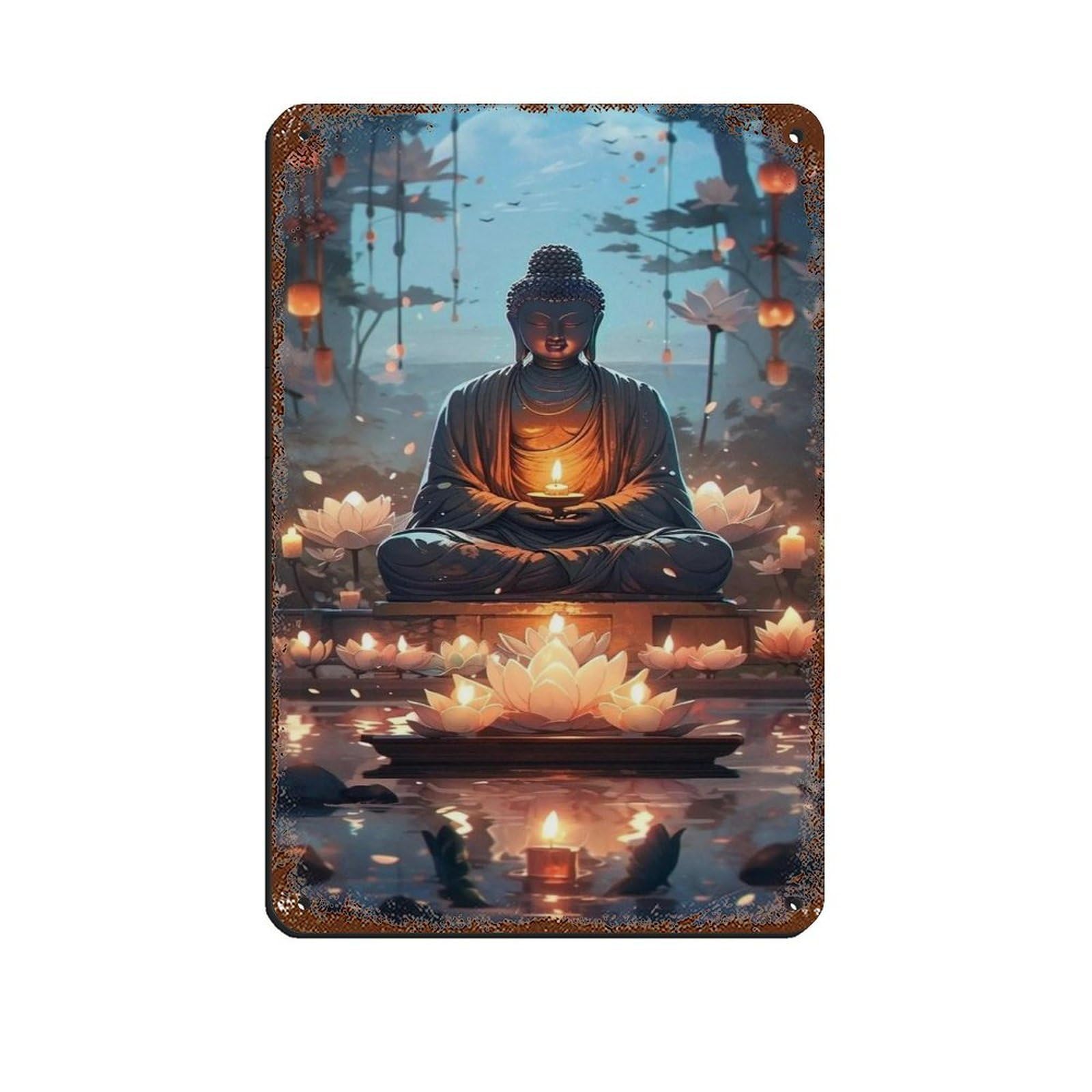 Buddha with Lotus Lanterns And Reflection – Zen Tin Sign Vintage Metal Pub Club Cafe Bar Home Wall Art Decoration Poster Retro 8x12inch(20x30cm)