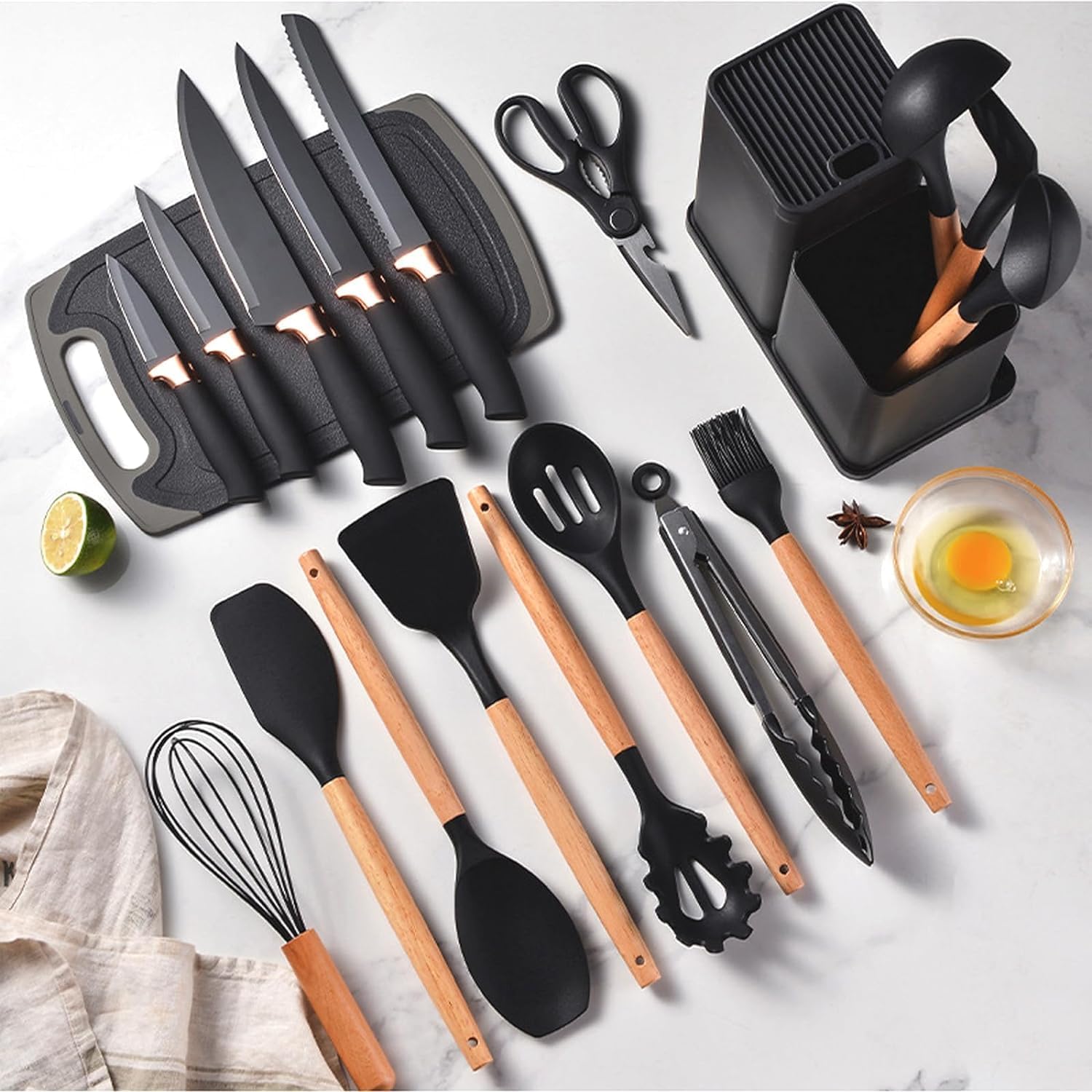 Kitchen Utensils Set & Knife Set with Block, 19 Piece All-in-One Cooking Set, 12 Nonstick Silicone Utensils + 5 Sharp Stainless Steel Chef Knives + Cutting Board, Dishwasher Safe Gift Set (Black)