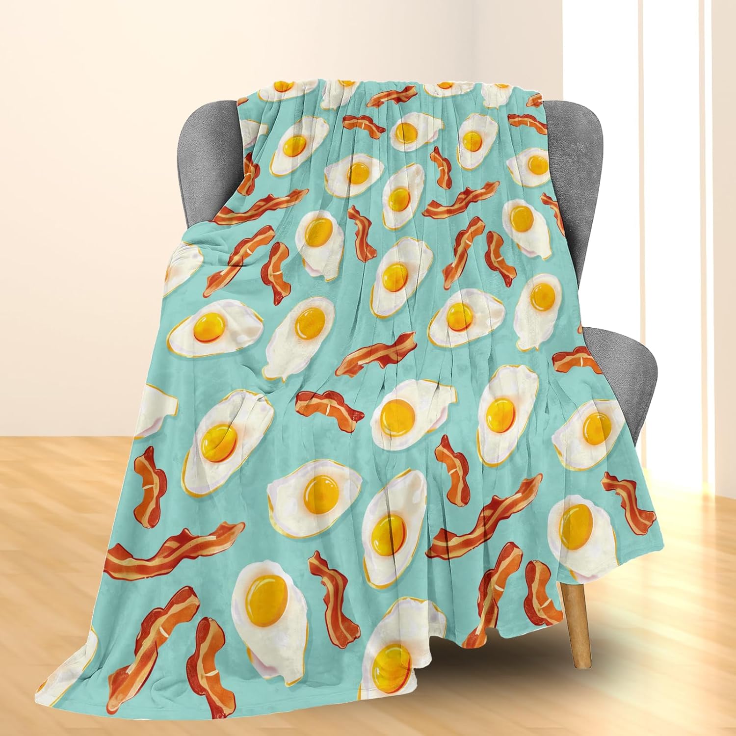 Fried Egg & Bacon Breakfast Blanket, Soft Lightweight Flannel Throw Blanket for Couch, Bed, Travel, Living Room & Home Decor, Cozy Warm Fuzzy Blankets for Adults Kids Women Girls 60×50 in