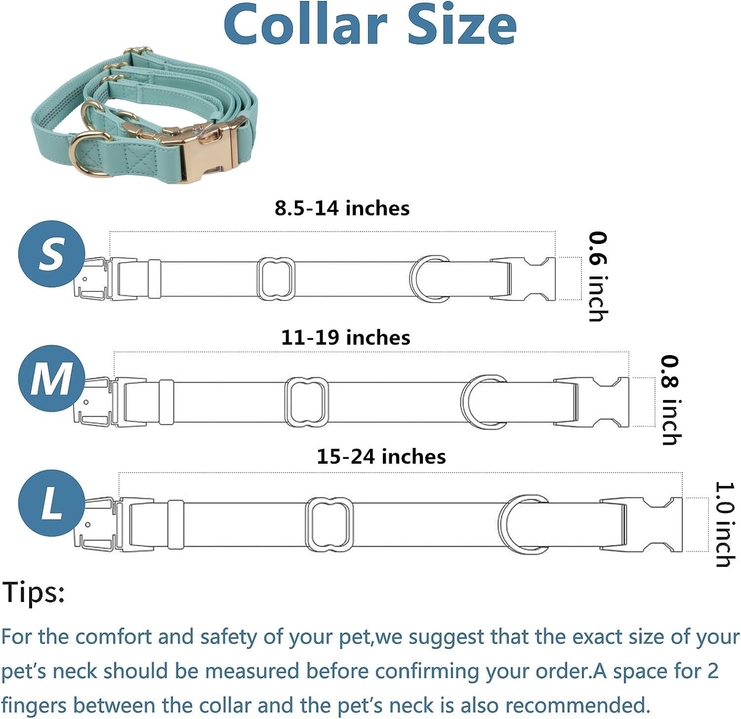 Leather Dog Collar and Leash Set 7FT Reflective at Night - Soft and Easy to Clean Vegan Leather with Gold Metal Buckle for Small Medium Large Dogs (S, Sea Green)