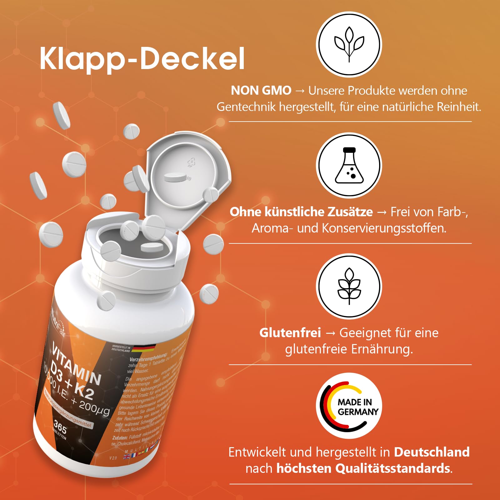 Vitamin D3 + K2, 365 Tabletten, schluckfreundlich, 10.000 I.E. + 200μg, Hochdosiert, Deutsche Produktion & Laborprüfung