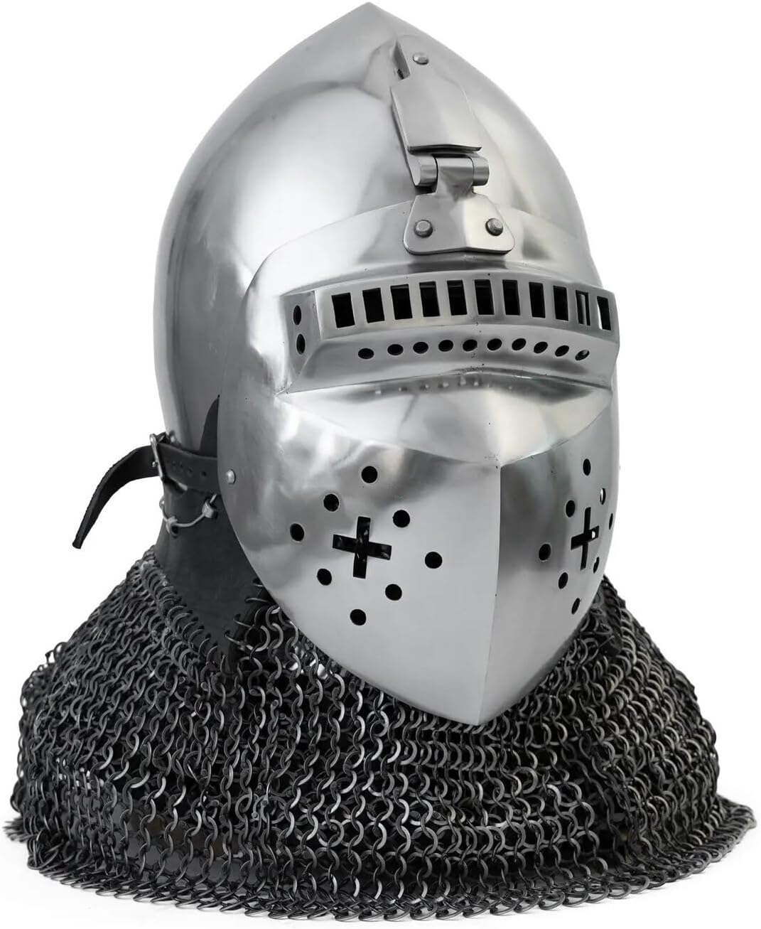 Medieval Knight Wearable Crusader Helmet with Visor & Chainmail Coif – Handmade Full Face Steel Armor Helmet for Cosplay, LARP, Reenactment & Costume – Adult Size