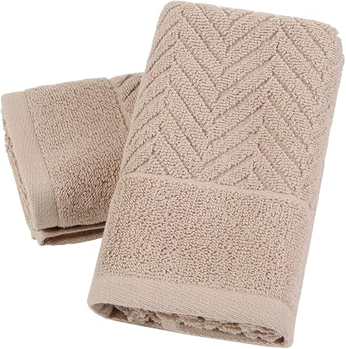 YiLUOMO Juego de 2 toallas de mano color caqui 100% algodón, ultra suaves, absorbentes, de tejido de rizo a rayas, para baño, 13 x 29 pulgadas