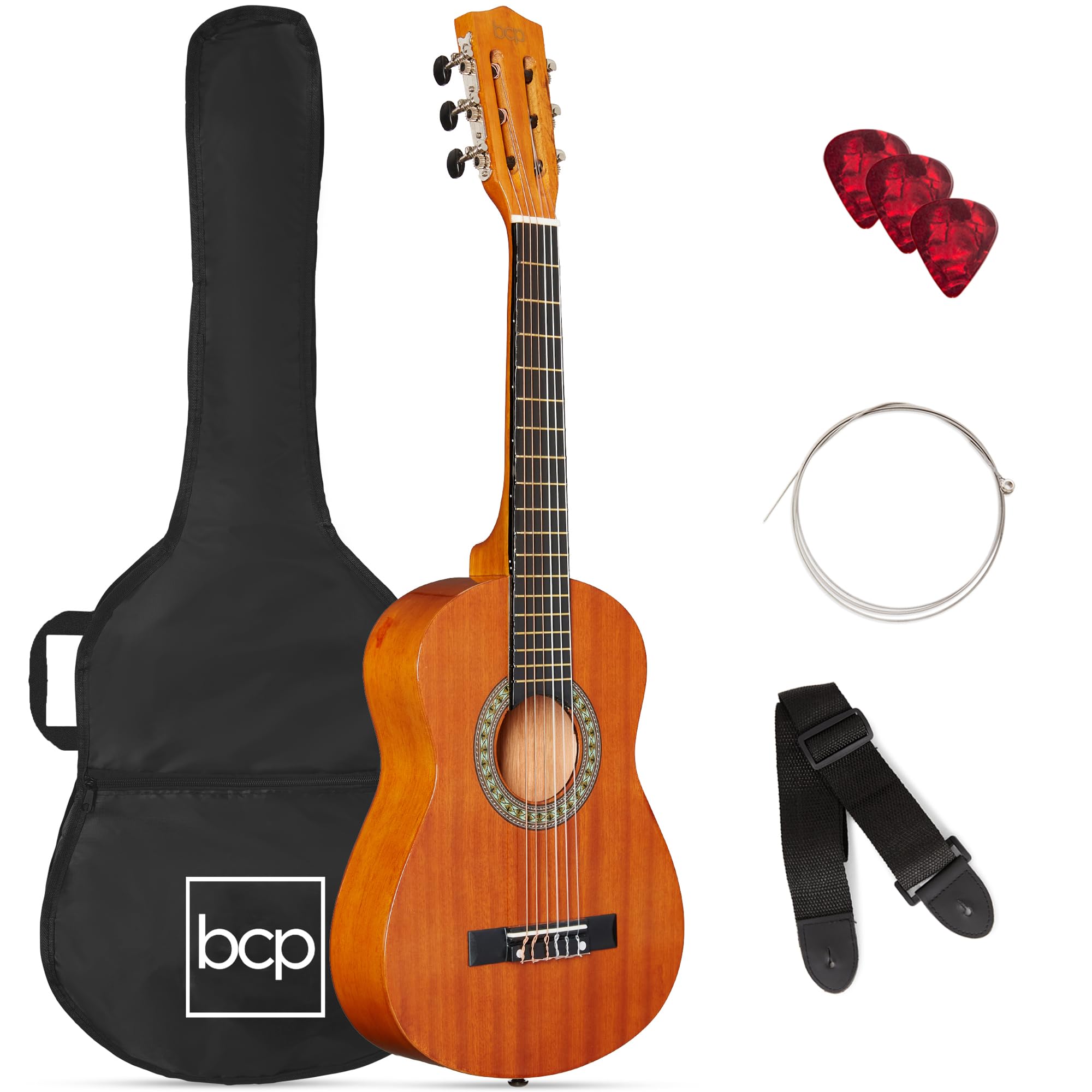Best Choice Products 30in Kids Acoustic Guitar Beginner Starter Kit with Strap, Case, Strings - Natural Mahogany