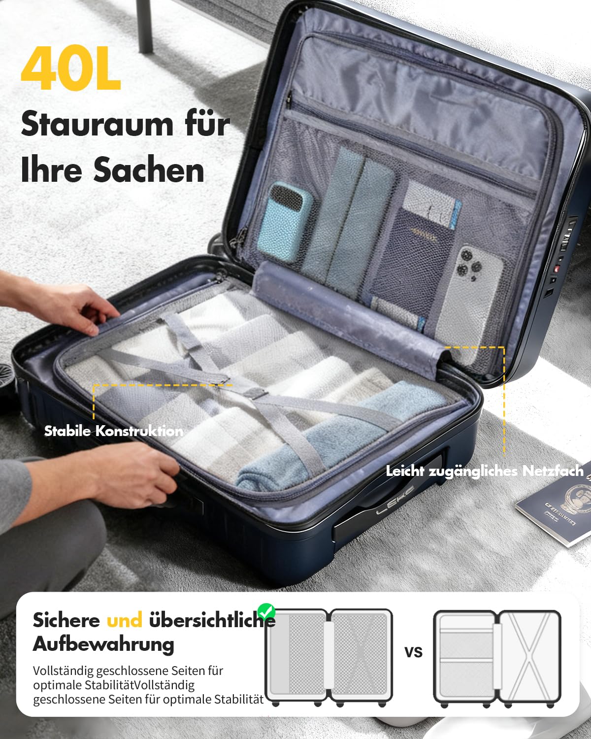 Lekesky Handgepäck Koffer 55x40x20cm - Trolley Handgepäck mit TSA Schloss und 4 Abnehmbaren Rollen, Leicht Hartschale für Ryanair, Lufthansa, Eurowings, Blau