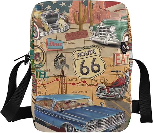 Route 66 - Bolsa de mensajero para mujeres y hombres, bandolera cruzada para teléfono celular, bolso con correa ajustable para ciclismo, senderismo,
