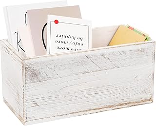 Rustic White Washed Wood Mail Box Storage Holder File Organizer Tabletop Wooden Basket Letter Script Design Envelope Folder Decorative Container Desk Home Office Entryway Bedroom Living Room