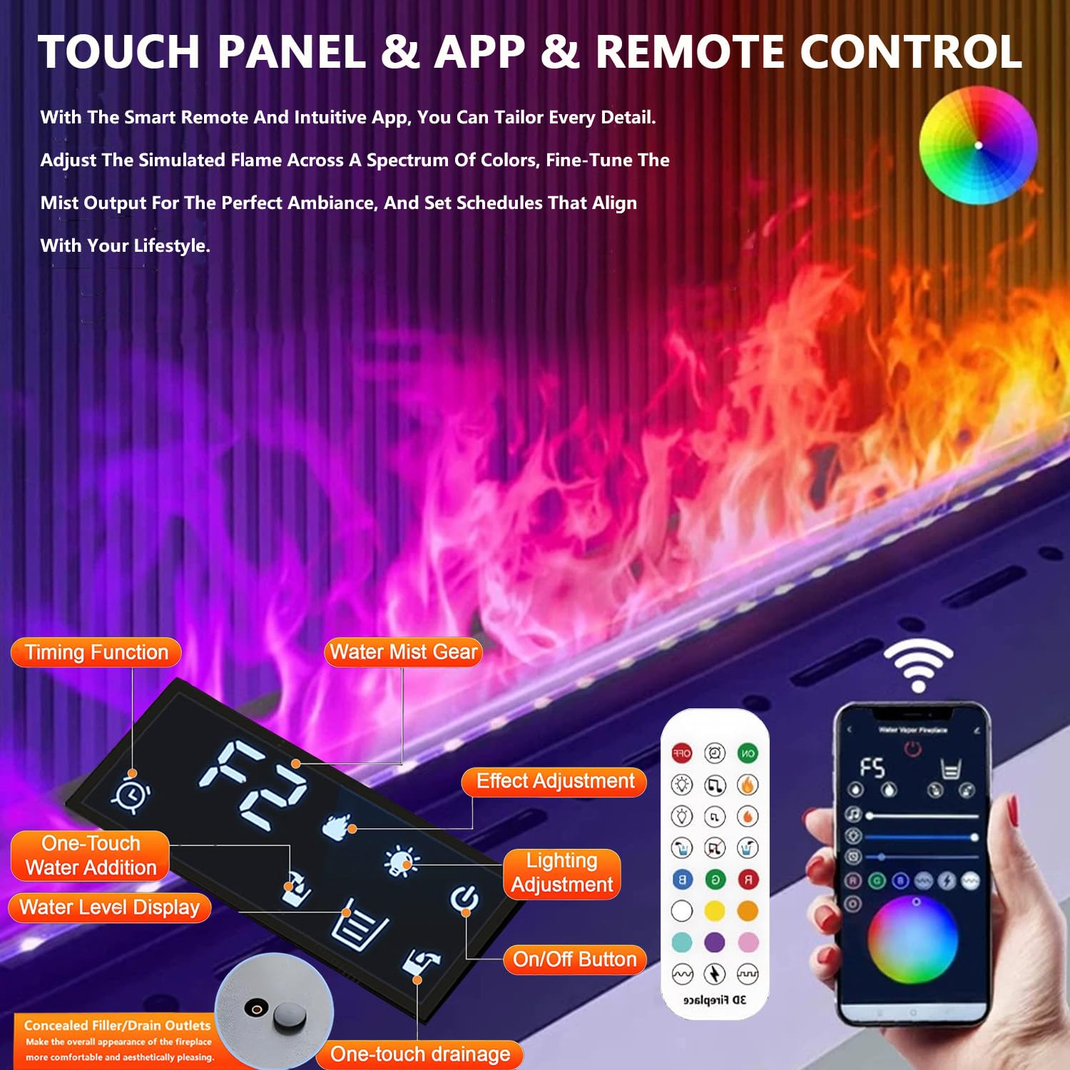 Chimenea inteligente de vapor de agua 3D con control remoto, 9 colores de llama, panel táctil, recarga automática