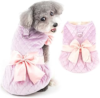 Ranphy Warm Pet Dresses for Small Dogs Girl Princess Dress with Bow Ruffles Sleeve Luxury Sequins Puppy Clothes for Birthday Party Holiday Winter Dog Coat with D-Ring Cat Apparel,Lilac,XS