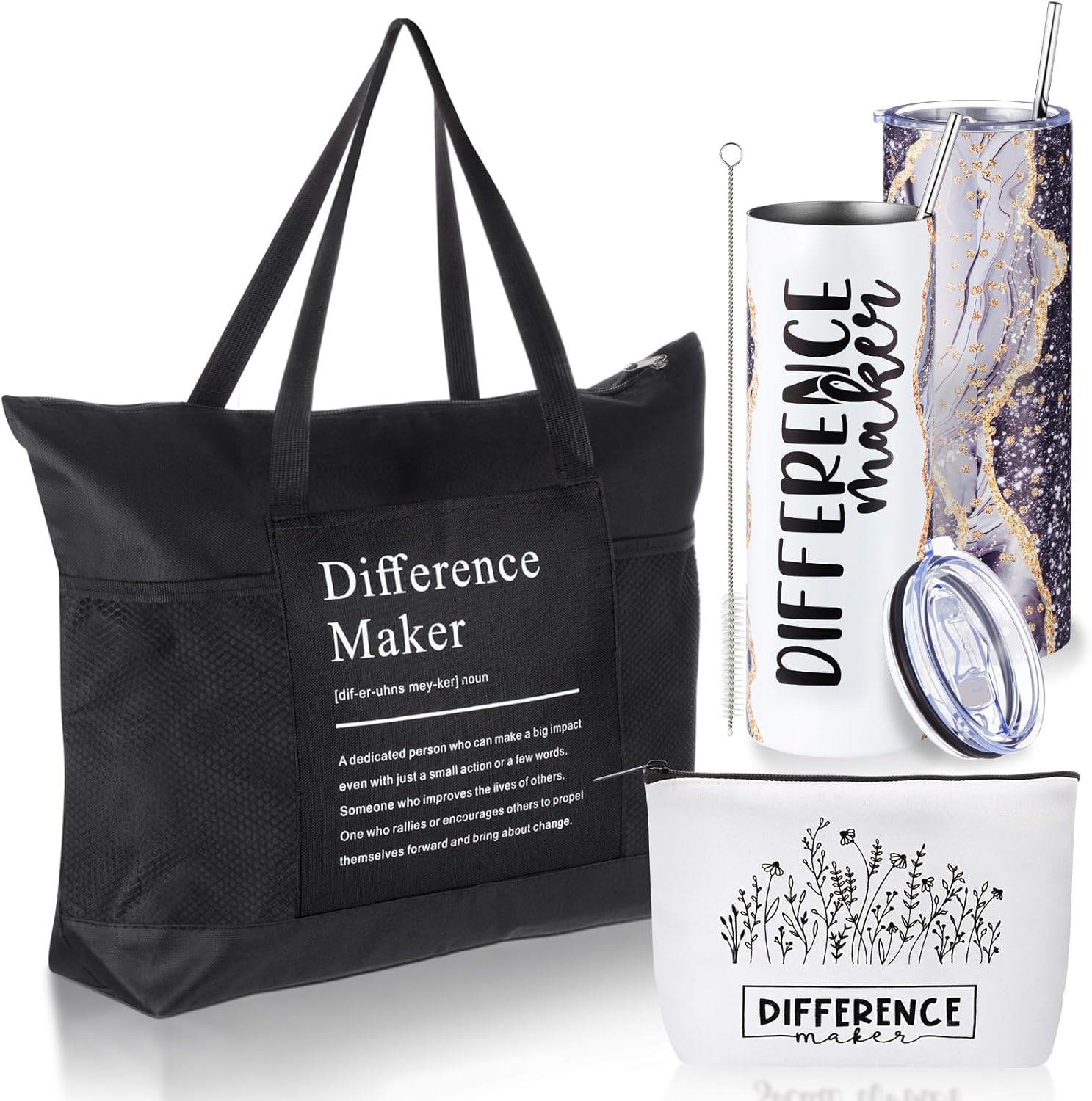 Sieral 3pcs Difference Maker Gift for Women Employee Appreciation 20 oz Stainless Steel Tumbler Tote Bag Cosmetic Bag for Christmas Thank You Gift for Coworkers Nurse Secretary Leader(Black)