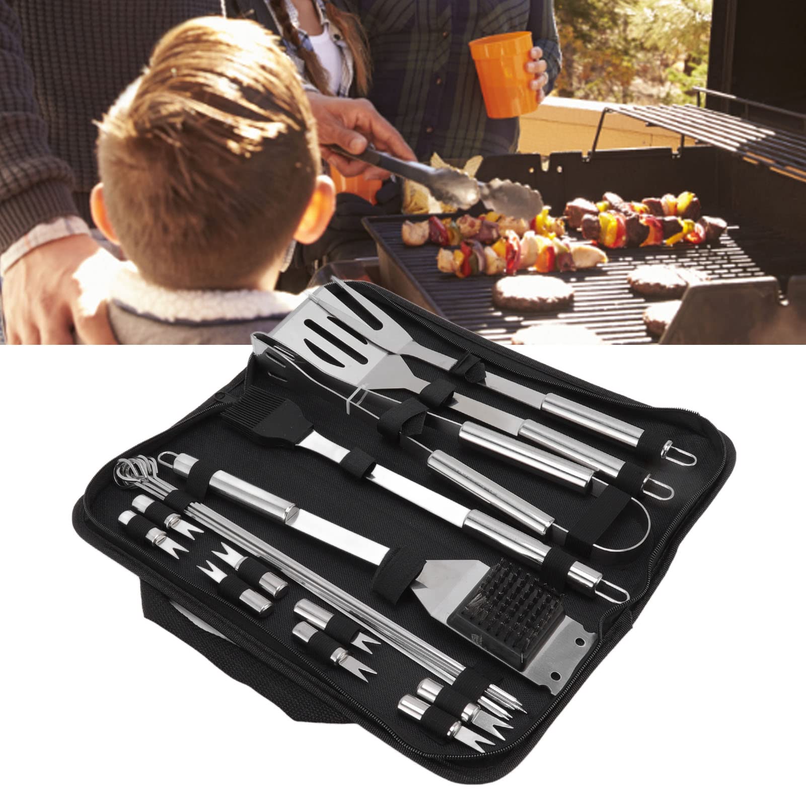 Set di Utensili per Griglia per Barbecue 20 Pezzi Attrezzo per Barbecue in Acciaio Inossidabile Set per Grigliate Portatile all'aperto Manico in Legno Antiscottatura 1047g per la Famiglia