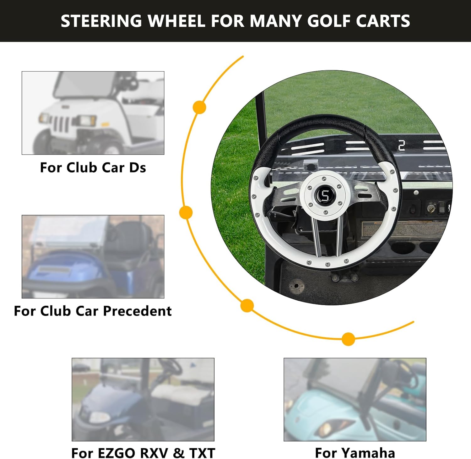 Golf Cart Steering Wheel, 12.5"/320mm Universal Club Car Steering Wheel for Club Car DS and Precedent EZGO RXV & TXT Yamaha Most Golf Cart, White