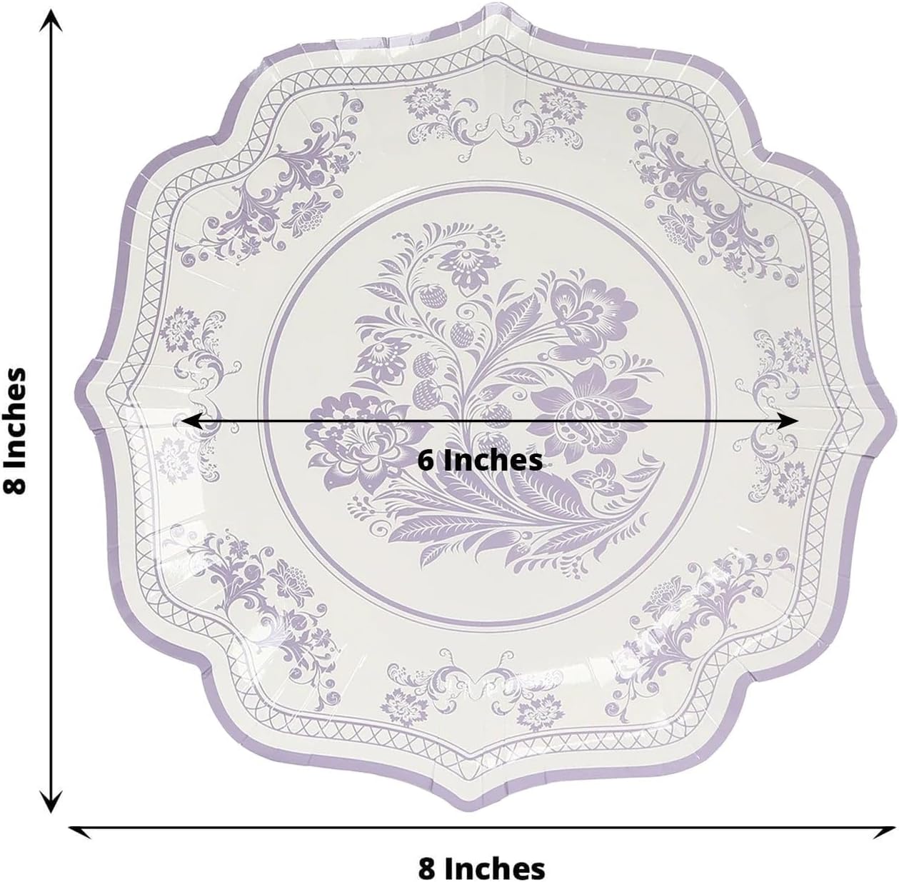 Efavormart 25-Pack 8" White and Lavender Damask Floral Paper Dessert Plates, 300 GSM Heavy Duty Scalloped Rim Appetizer Plates for Tea Parties