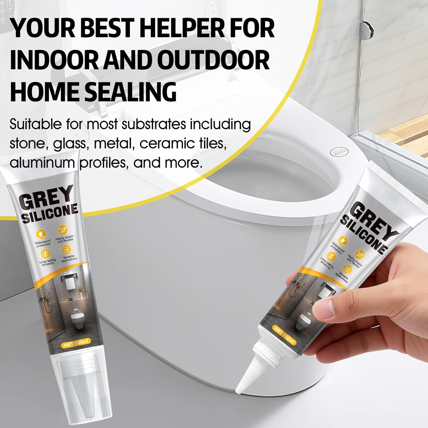 5.07 Oz Gray Caulk, Grey Caulking Waterproof, Gray Silicone Caulk with Scraper and Sticker, Fast-Curing, Non-Sticky, Adheres Firmly to Surfaces Such as Glass, Metal, Ceramics and Plastics