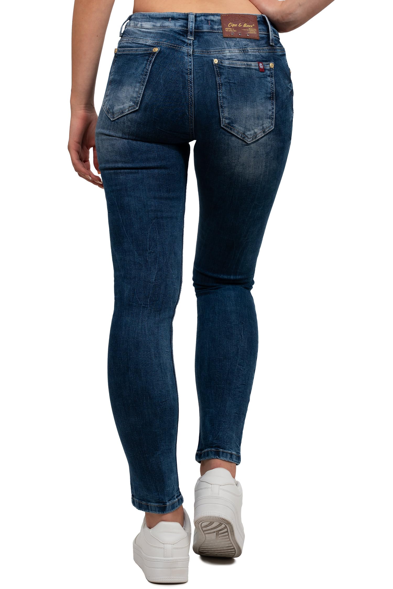Cipo & Baxx Vaqueros Mujer Slim Fit Elásticos Desgastados Azul Negro | Costuras en contraste, múltiples bolsillos, tejido denim flexible, cierre con botón, estilo urbano, paseo, ocio y día a día