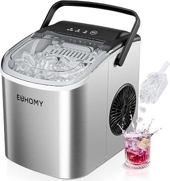 EUHOMY Home Ice Maker High-Speed Ice Making Automatic Cleaning FunctionCompact with Handle Japanese Panel Ice Basket Small Mini Ice Maker Large Capacity Water Tank Transparent Window Easy to Handle