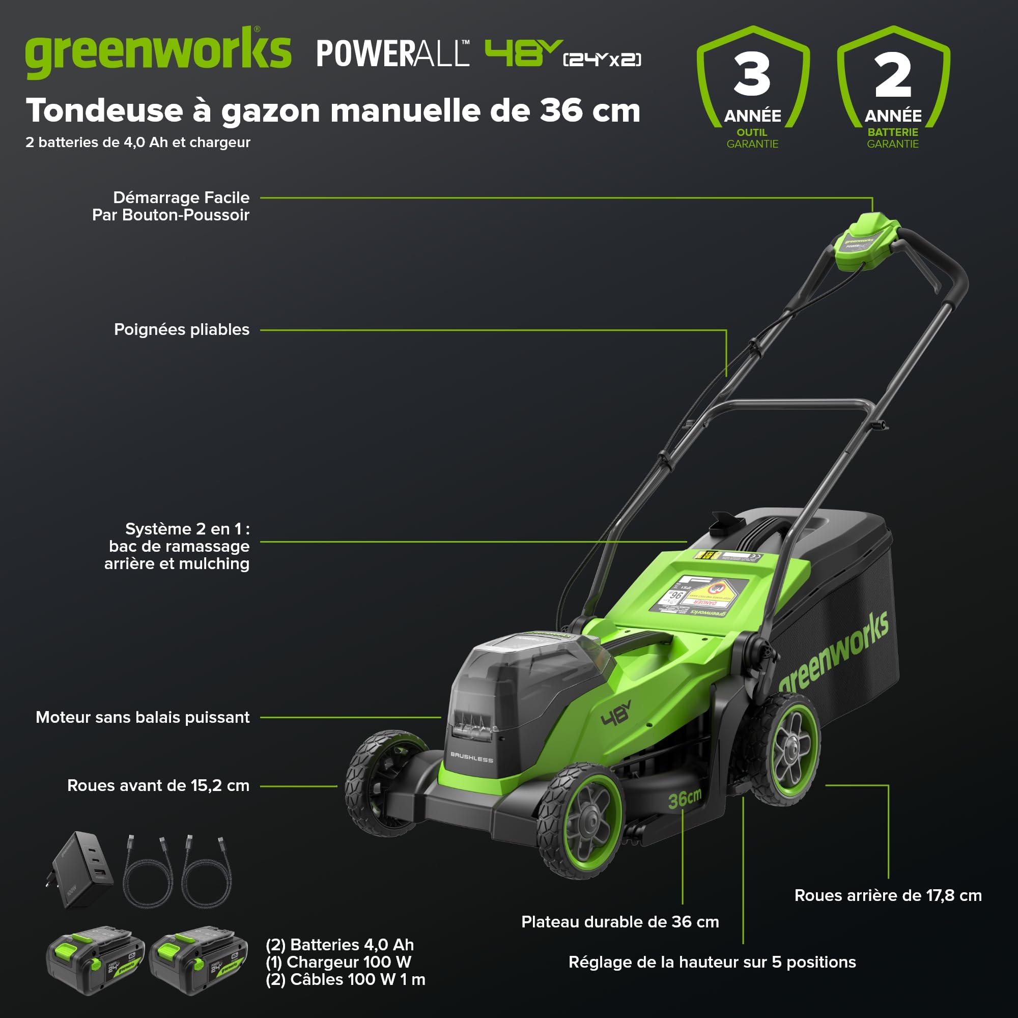 Greenworks 48V (24V x 2) Tondeuse Gazon sans Fil avec Moteur sans Brosse, Largeur de Coupe 35 cm, Sac de 40L,Tondeuse Electrique Gazon Inclus Batterie 24V 4Ah et Chargeur, Garantie 3 Ans-MO48L421-01